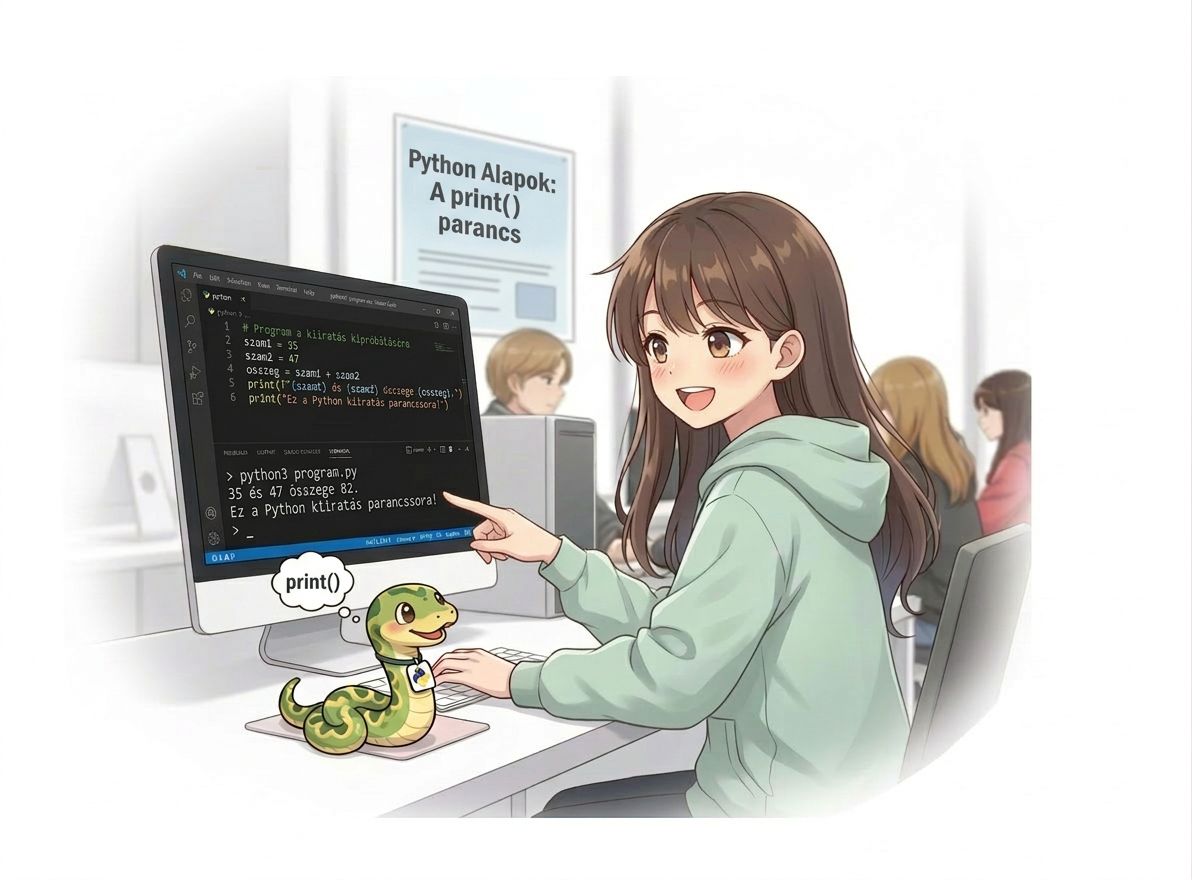 python bevezetés – anime lány laptopnál tanul programozni, barátságos python kígyóval
