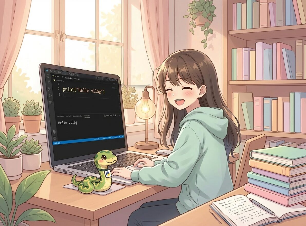 python bevezetés – anime lány laptopnál tanul programozni, barátságos python kígyóval