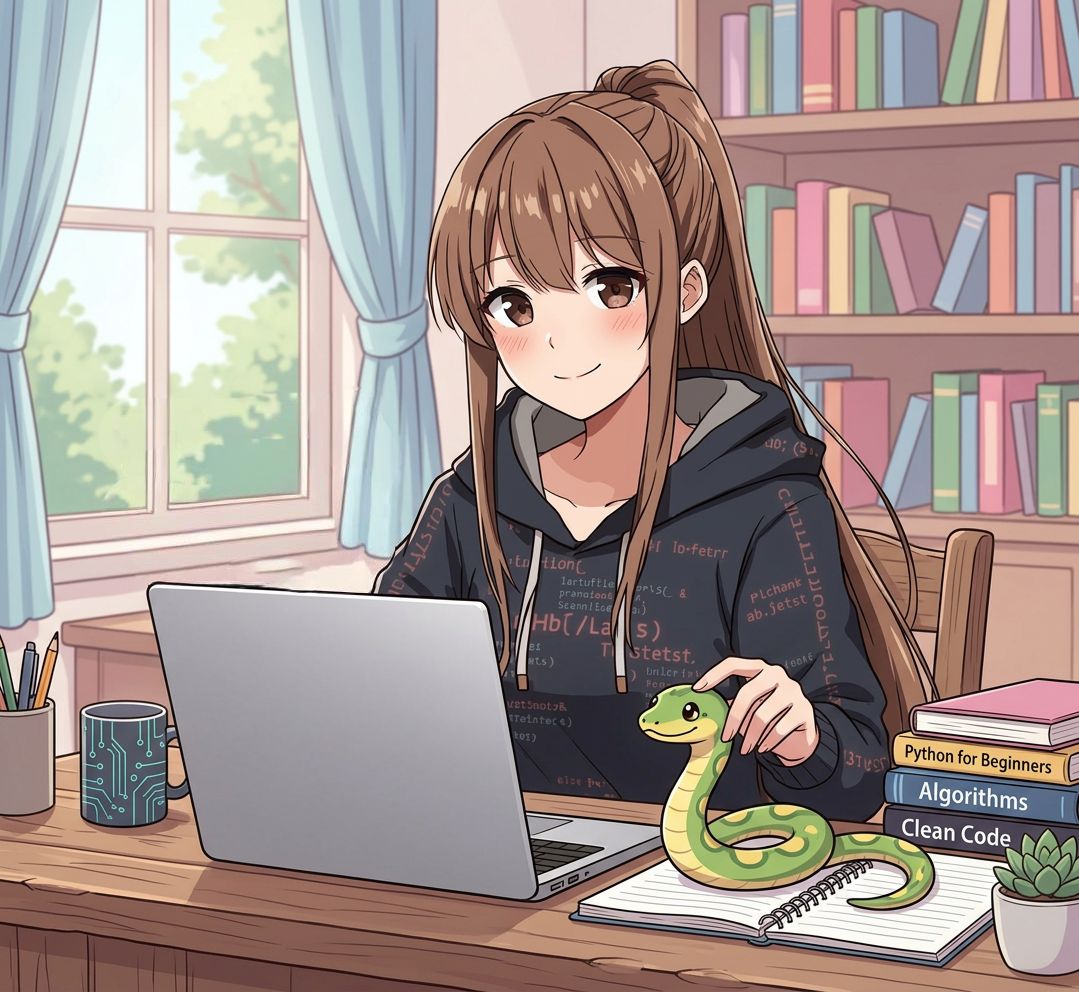 python bevezetés – anime lány laptopnál tanul programozni, barátságos python kígyóval