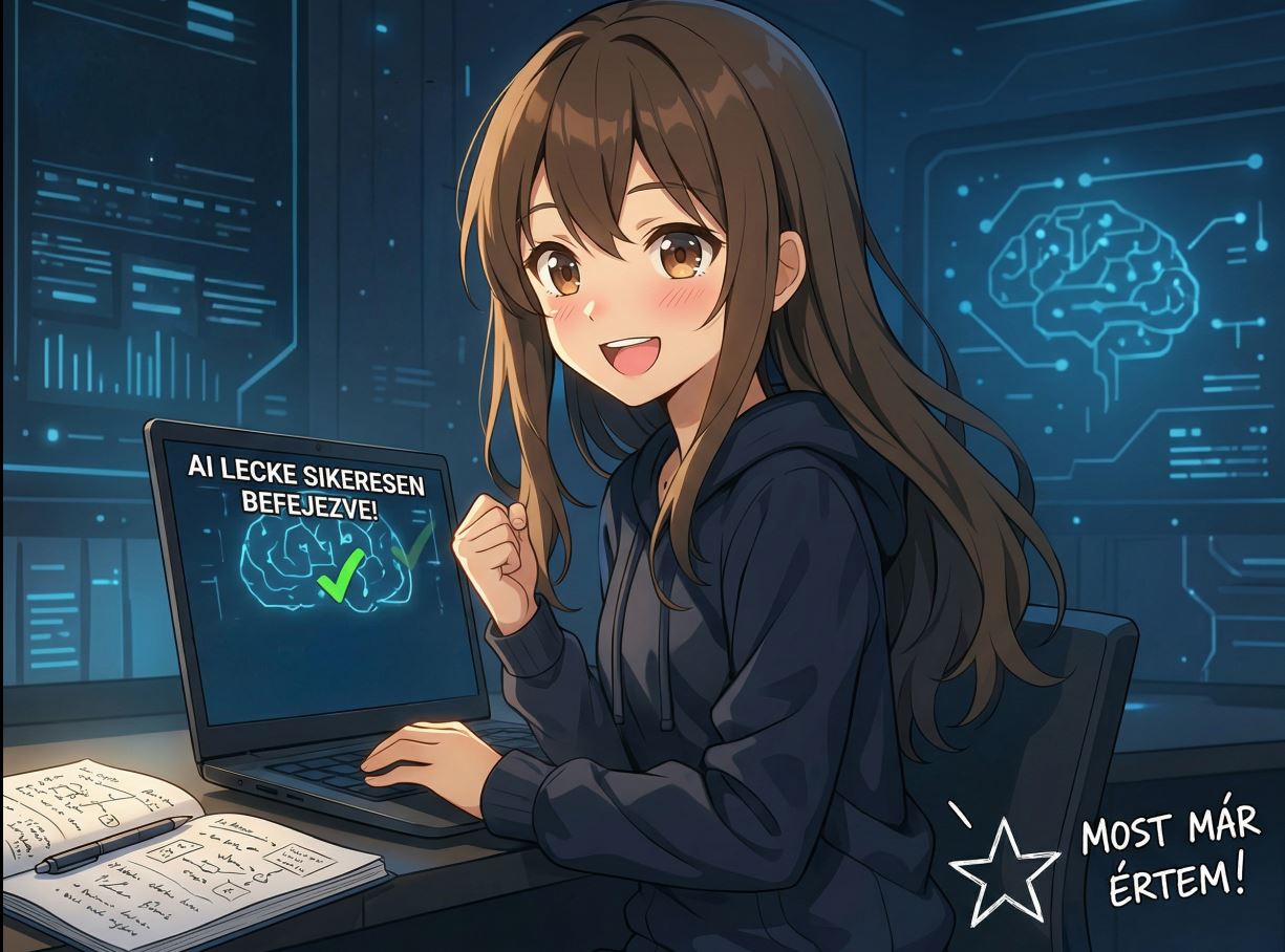 Anime mentor laptopnál, a képernyőn „AI lecke sikeresen befejezve” – promptolás alapjai illusztráció a megértéshez