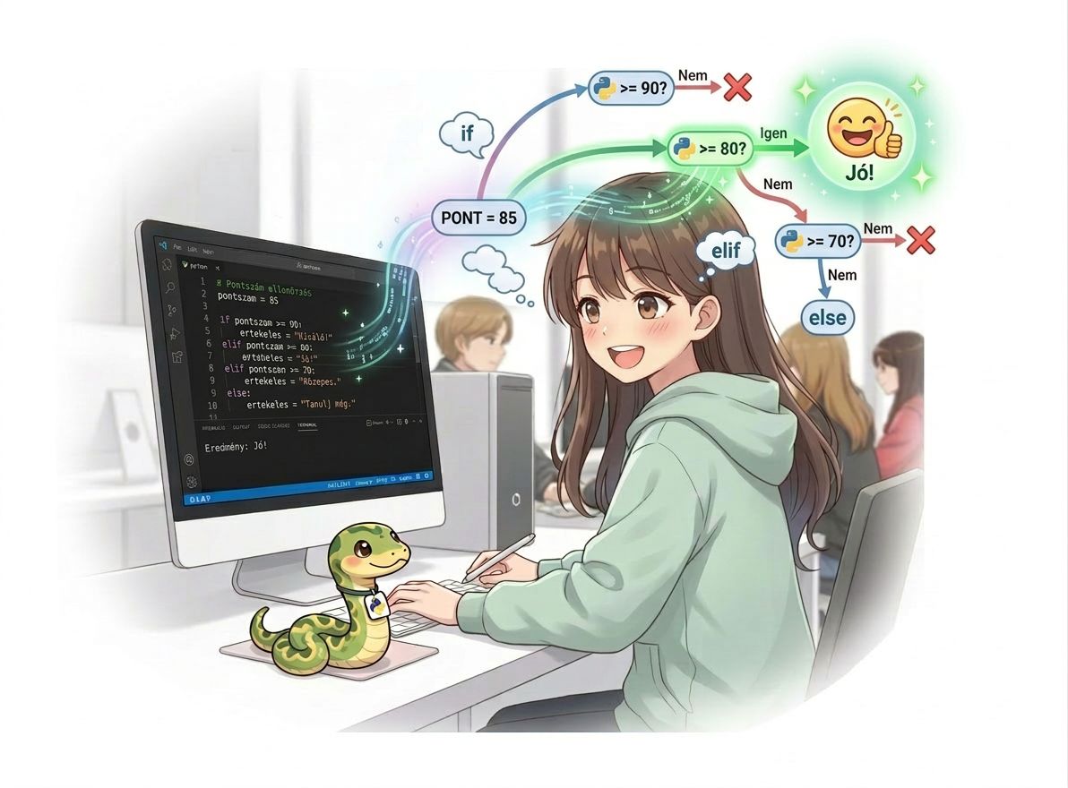 python bevezetés – anime lány laptopnál tanul programozni, barátságos python kígyóval