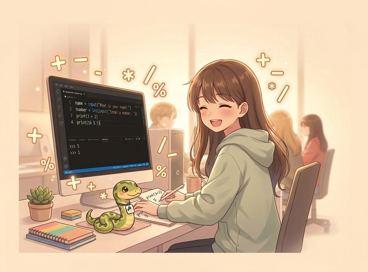 python bevezetés – anime lány laptopnál tanul programozni, barátságos python kígyóval
