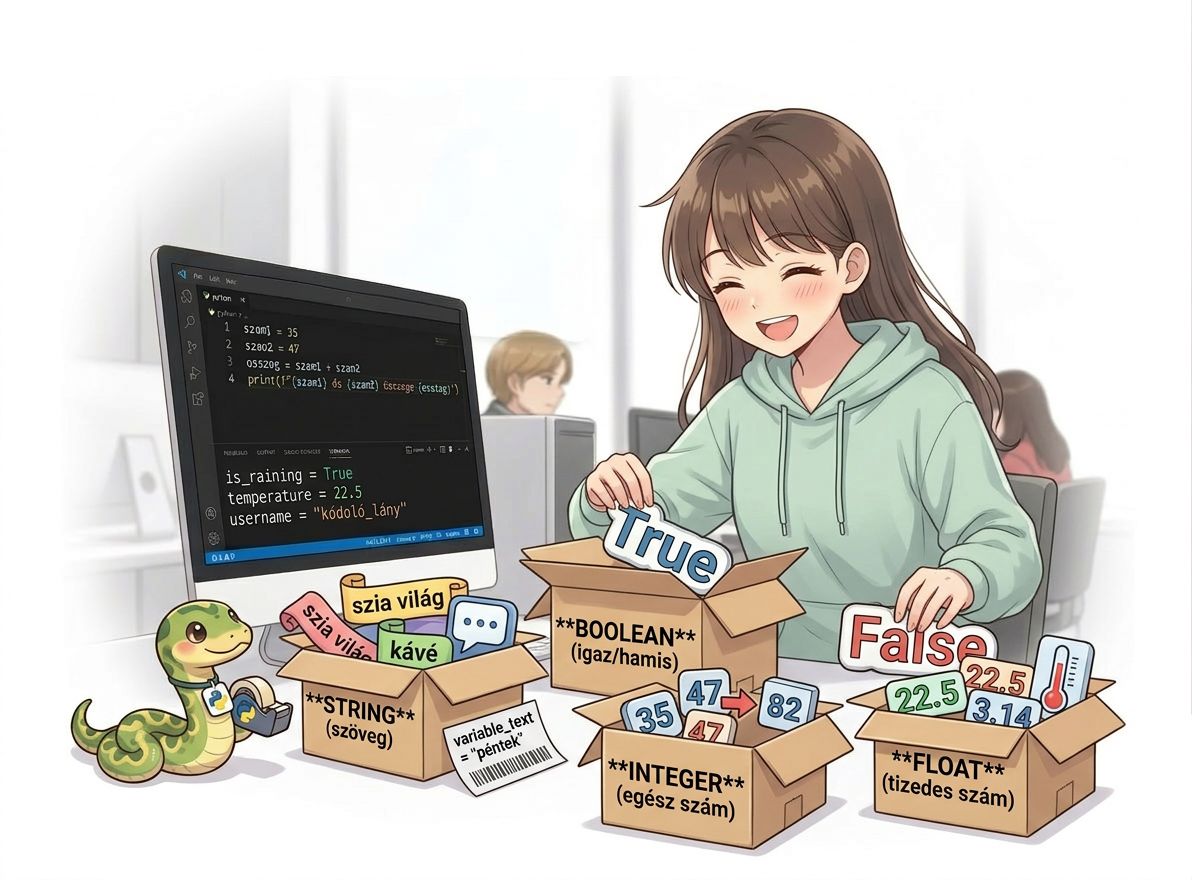 Python változók illusztráció programozást tanuló lánnyal és különböző adattípusokat jelölő dobozokkal