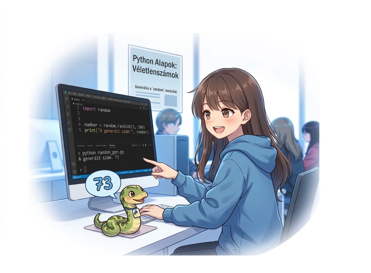 python bevezetés – anime lány laptopnál tanul programozni, barátságos python kígyóval