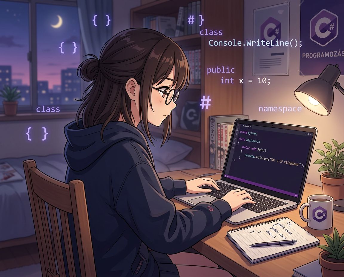 C# programozást tanuló diák laptopon, anime stílusú illusztráció