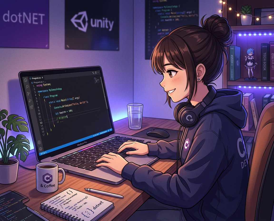 C# programozást tanuló diák VS Code előtt, lila anime stílusú illusztráció