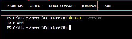 dotnet --version parancs futtatása VS Code terminálban