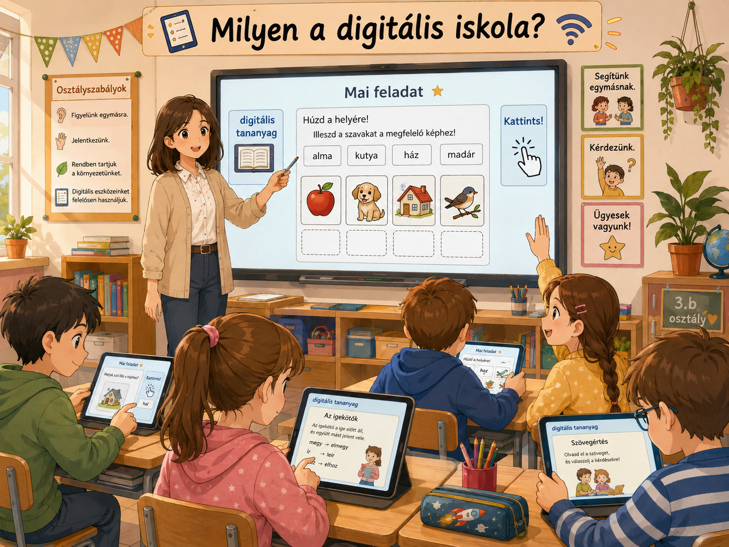 Digitális kultúra óra harmadik osztályban tanárnővel és digitális kivetítővel