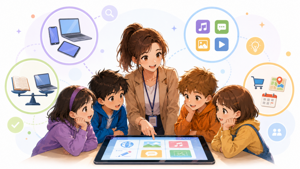 Tanárnő tableten mutat digitális feladatot harmadik osztályos tanulóknak