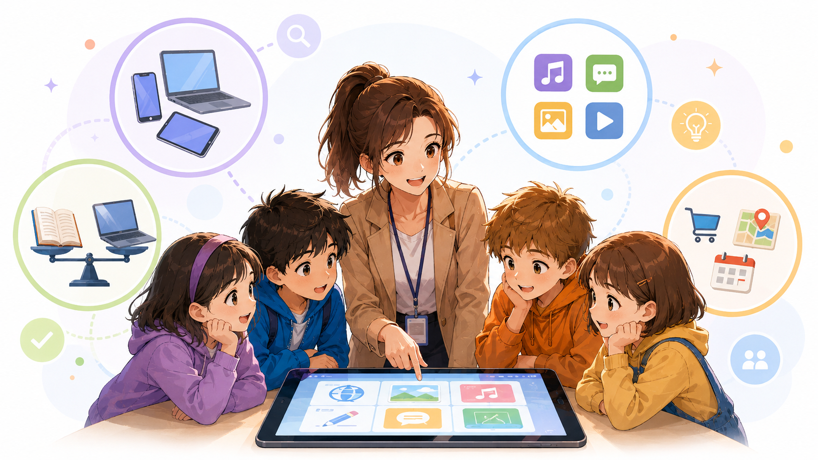 Tanárnő tableten mutat digitális feladatot harmadik osztályos tanulóknak