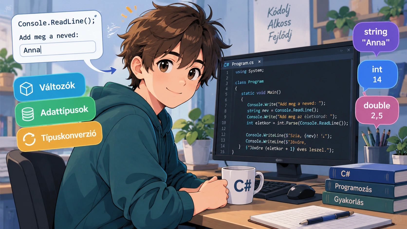 C# adatbekérést gyakorló diák Console.ReadLine és típuskonverziós példákkal