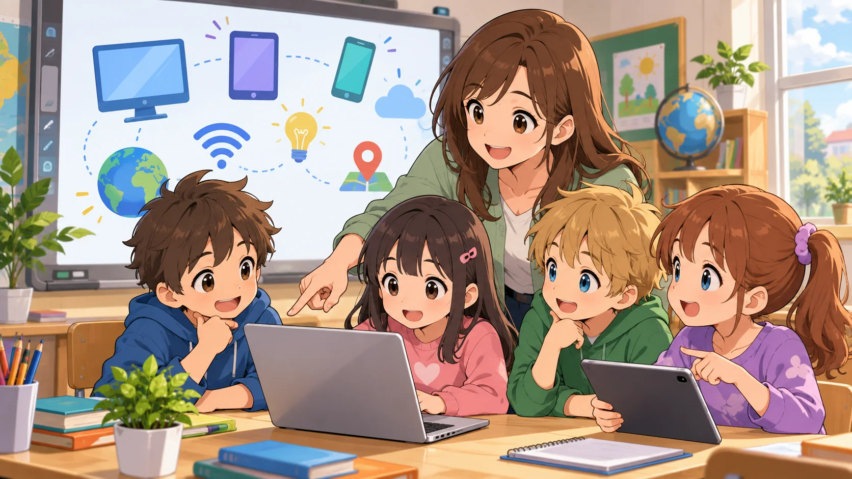 Anime stílusú tanárnő és harmadik osztályos gyerekek digitális eszközökkel a tanteremben