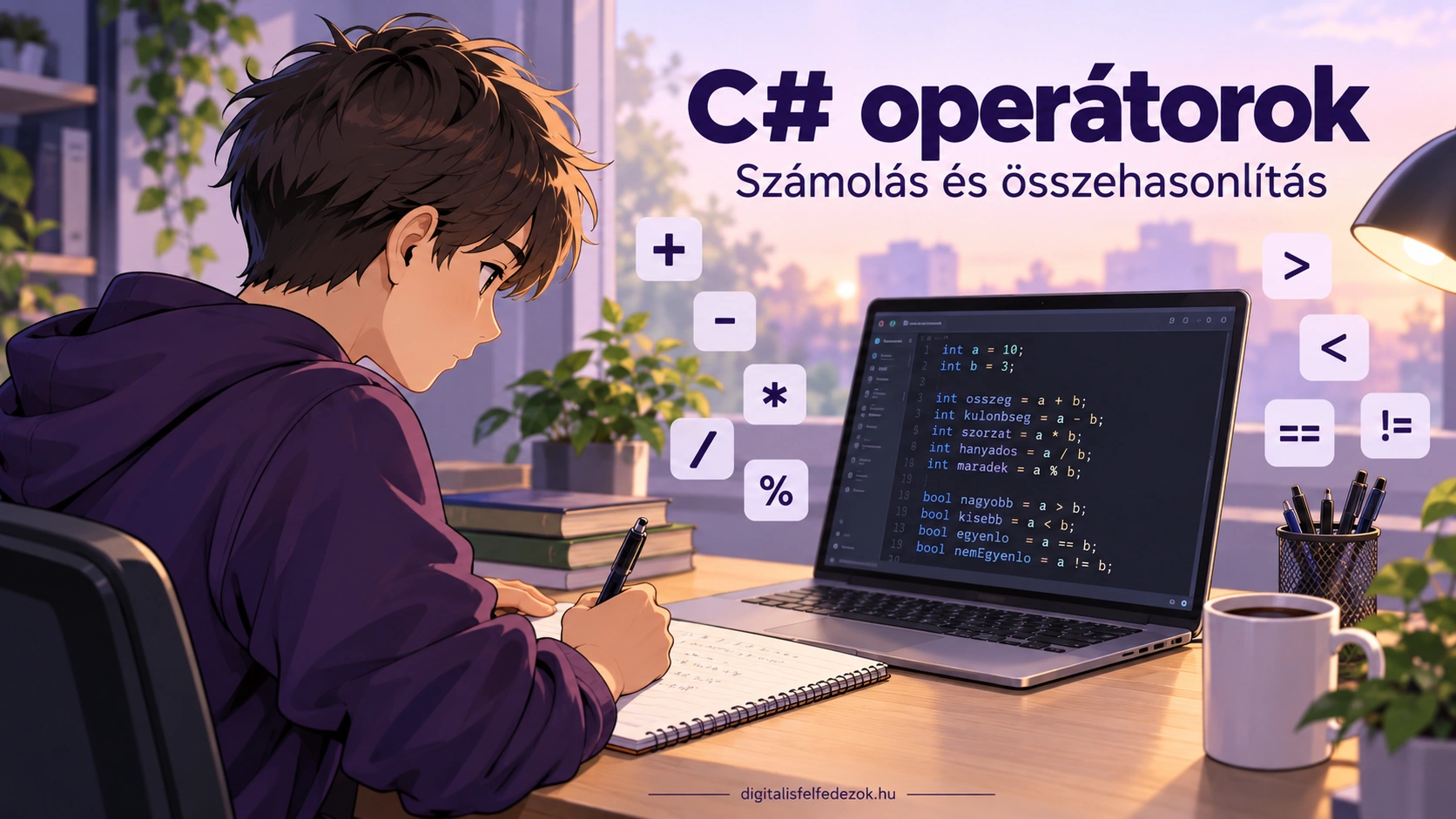 Diák C# operátorokat gyakorol egy hangulatos tanulósarokban