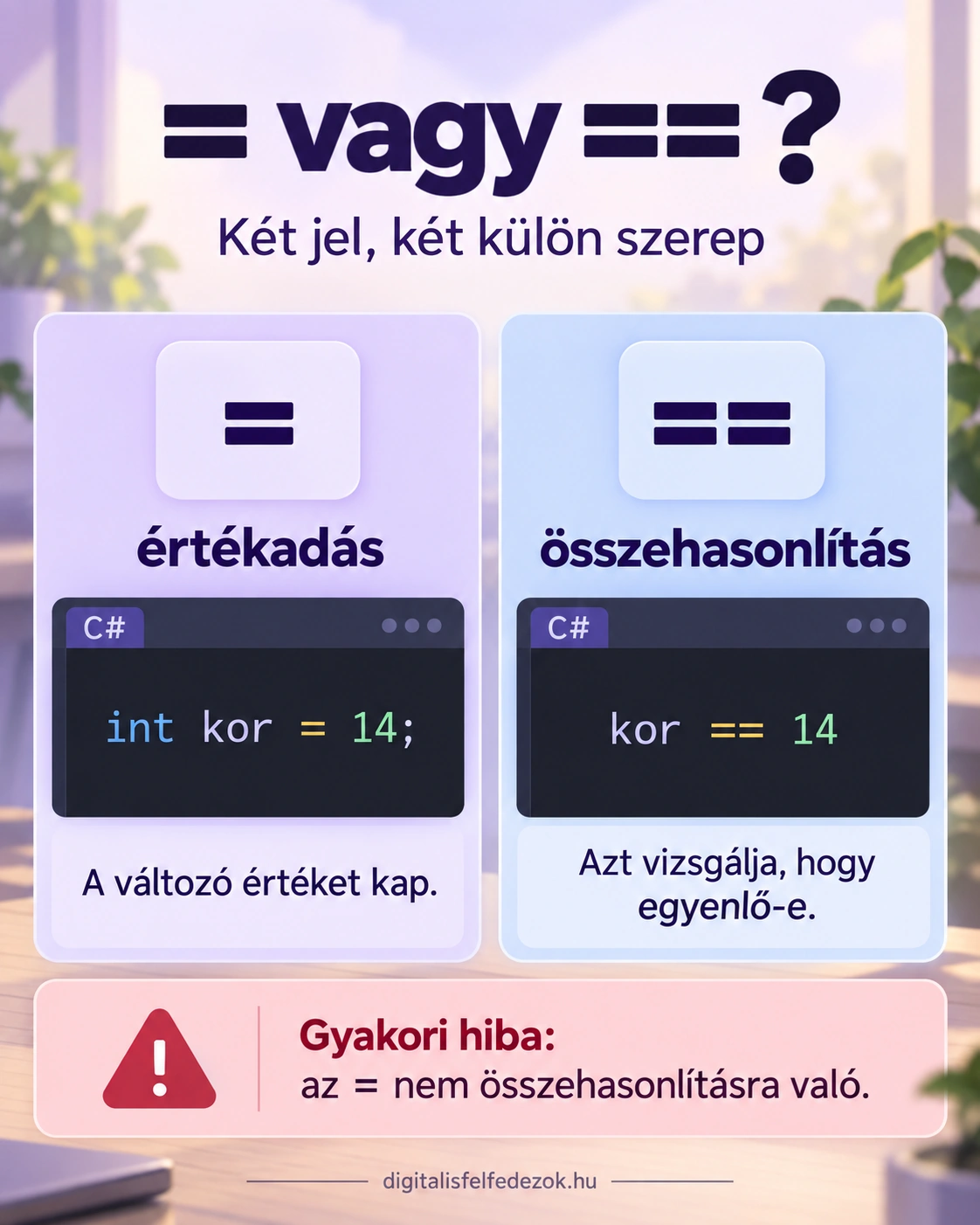 Az egyenlőségjel és a dupla egyenlőségjel különbsége C# programozásban