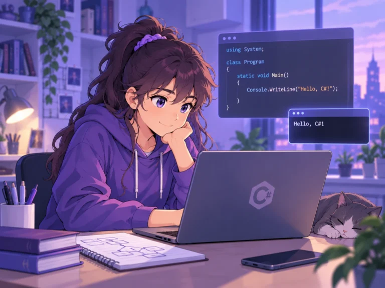 Diáklány C# programot készít laptopon