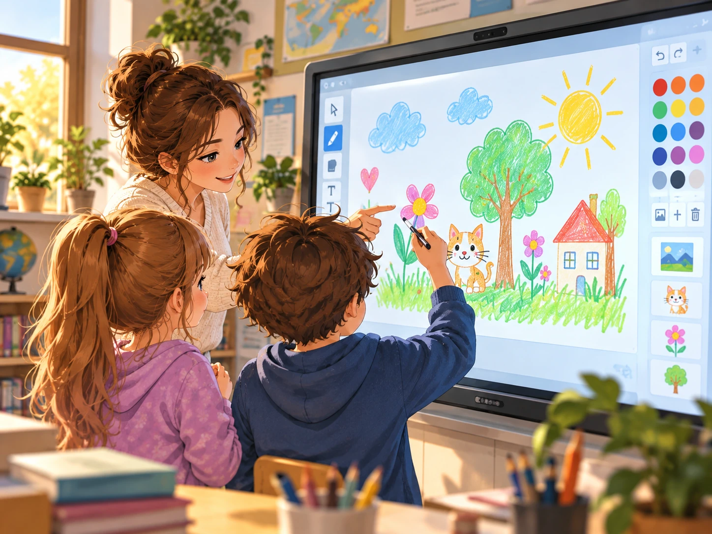 Tanárnő és harmadik osztályos gyerekek digitális képet készítenek interaktív táblán