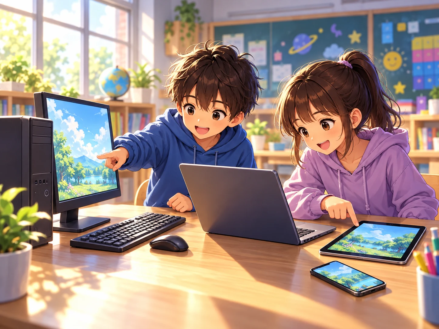 Két gyerek az asztali számítógépet, a laptopot, a tabletet és az okostelefont hasonlítja össze.
