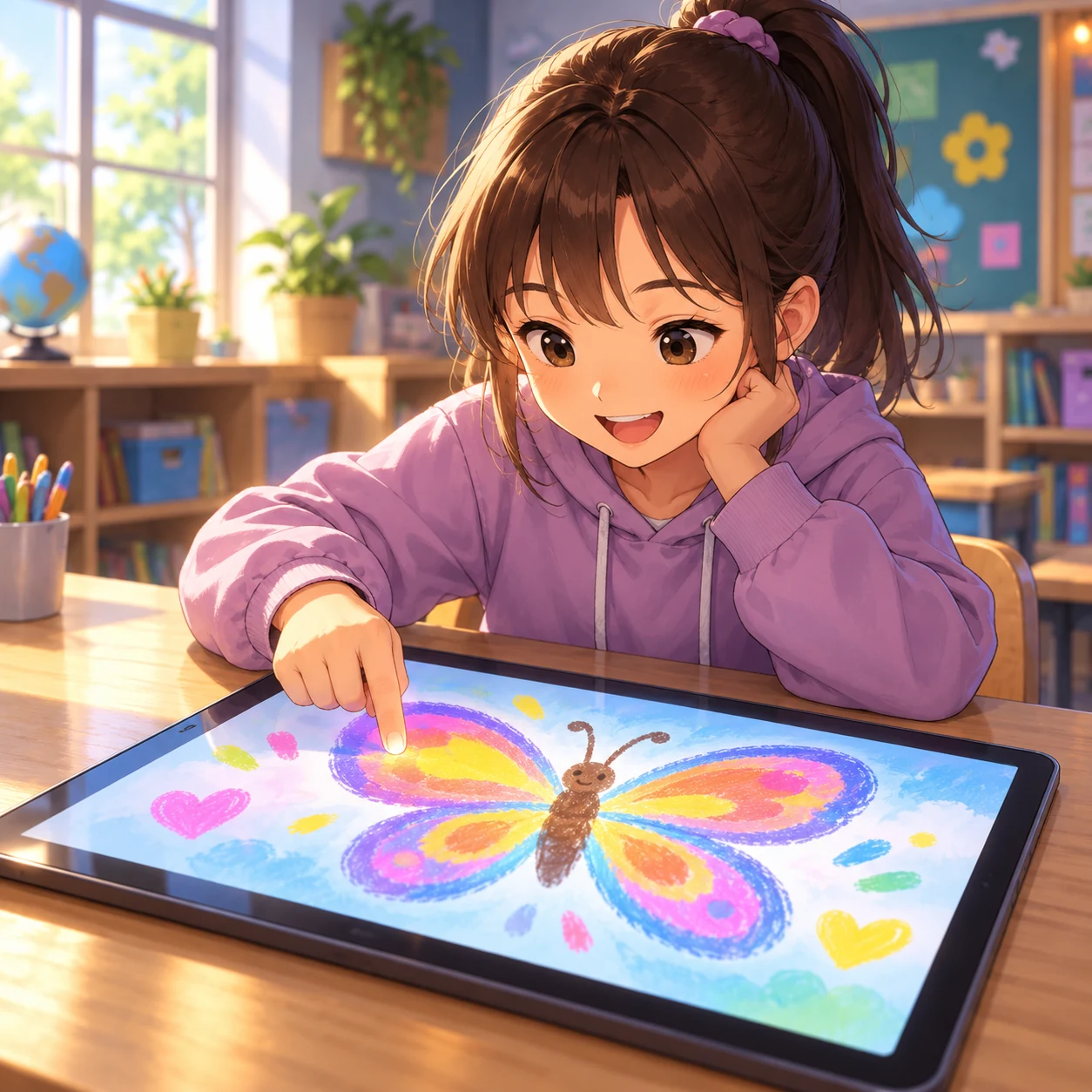 Kislány az ujjával rajzol egy érintőképernyős tableten.