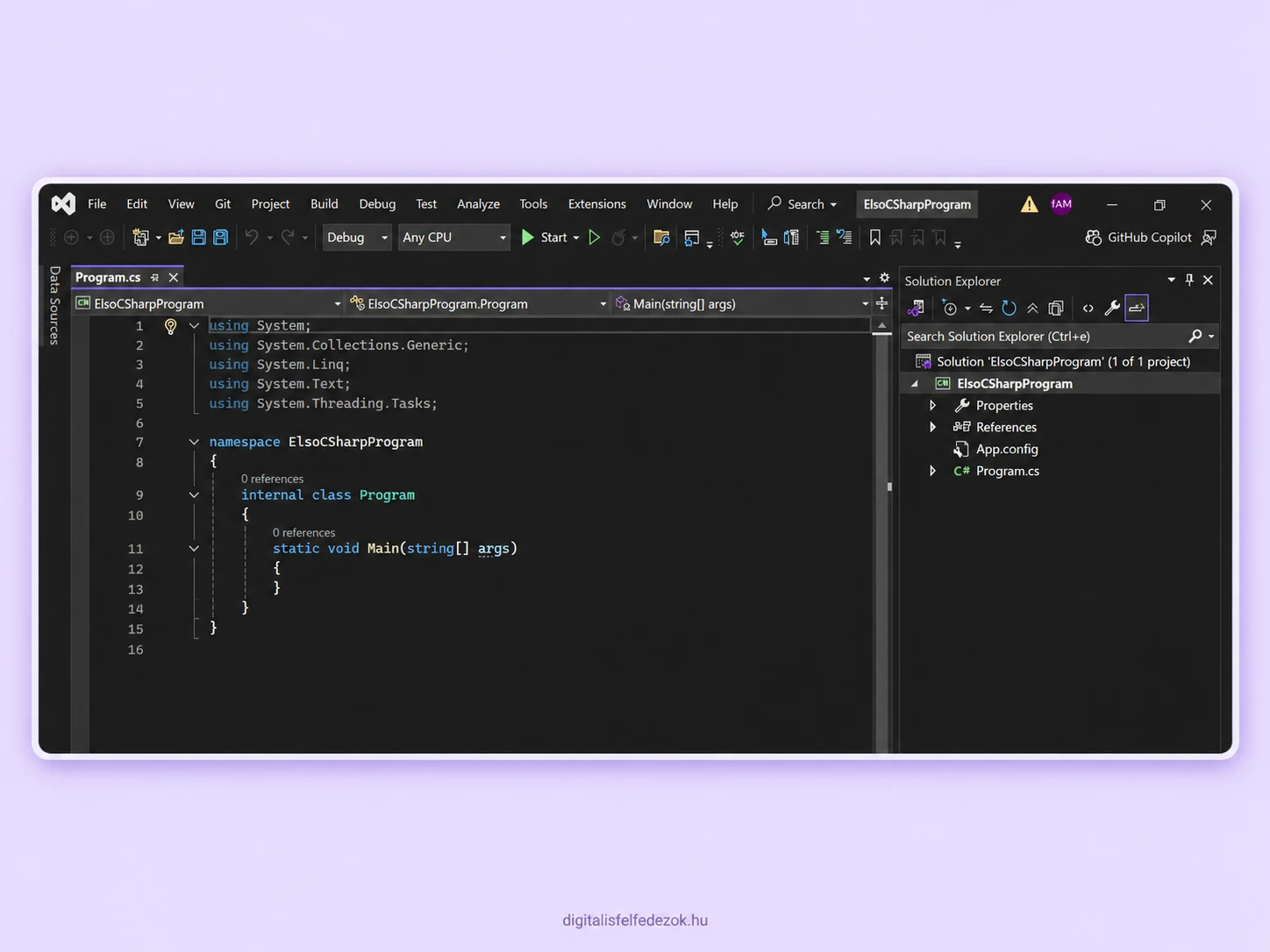 Első C# projekt megnyitva a Visual Studio fejlesztőkörnyezetben