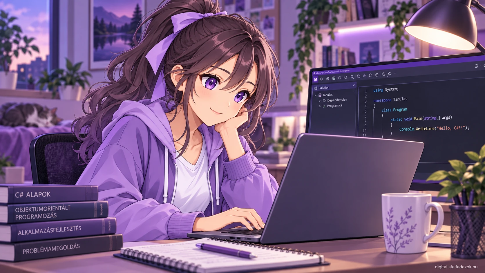 Diáklány C# programozást tanul Visual Studio használatával