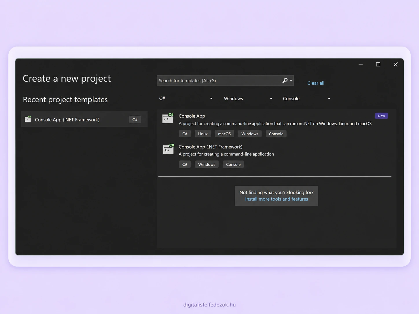 Új C# konzolprojekt létrehozása a Visual Studio alkalmazásban
