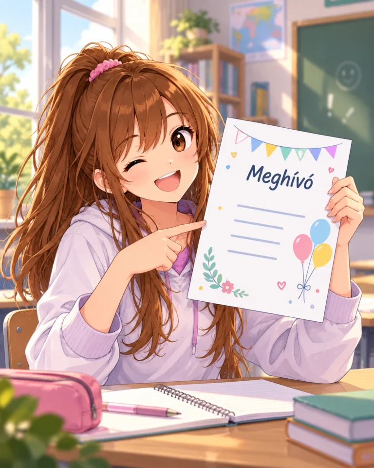 Mosolygó anime diáklány büszkén felmutatja az általa megszerkesztett meghívót.