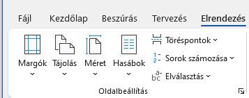 A Word Elrendezés lapjának Oldalbeállítás csoportja: Margók, Tájolás és Méret.