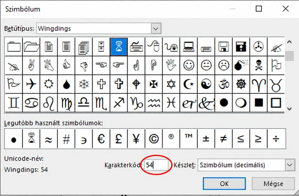 A Word Szimbólum ablaka: Wingdings betűkészlet, homokóra jel, pirossal bekarikázott 54-es karakterkód.
