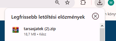 A böngésző letöltési listájában a tarsasjatek.zip fájl látható.