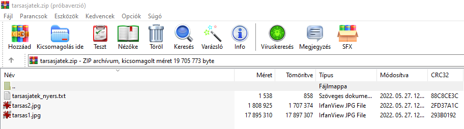 A megnyitott ZIP-csomag a WinRARban: egy TXT-fájl és két JPG-kép; az eszköztáron a Kicsomagolás ide gomb.
