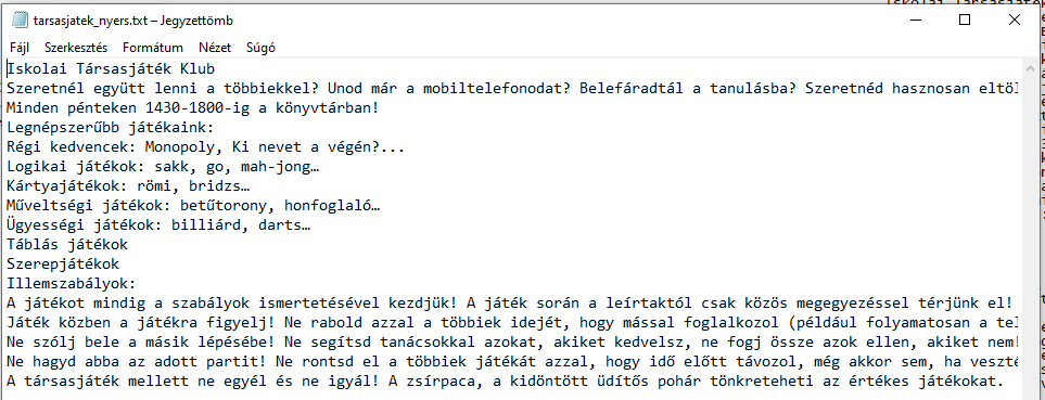 A társasjátékklub nyers szövege a Jegyzettömbben.