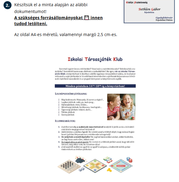 Az Iskolai társasjáték klub NKP-feladata: forrásletöltési hivatkozás, A4-es oldalbeállítás és a formázandó dokumentum mintája.