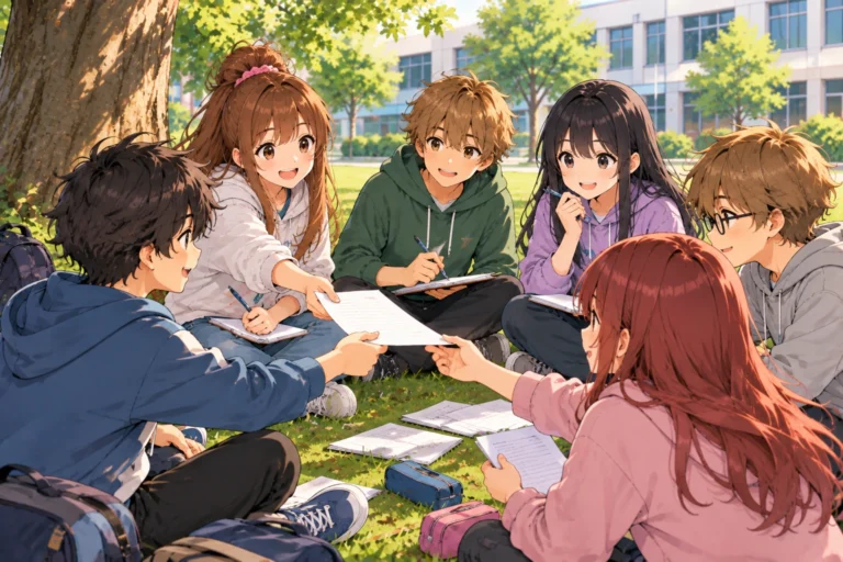 Hat anime stílusú diák körben ül az iskolaudvar füvén, és egy papírlapot adnak tovább egymásnak.