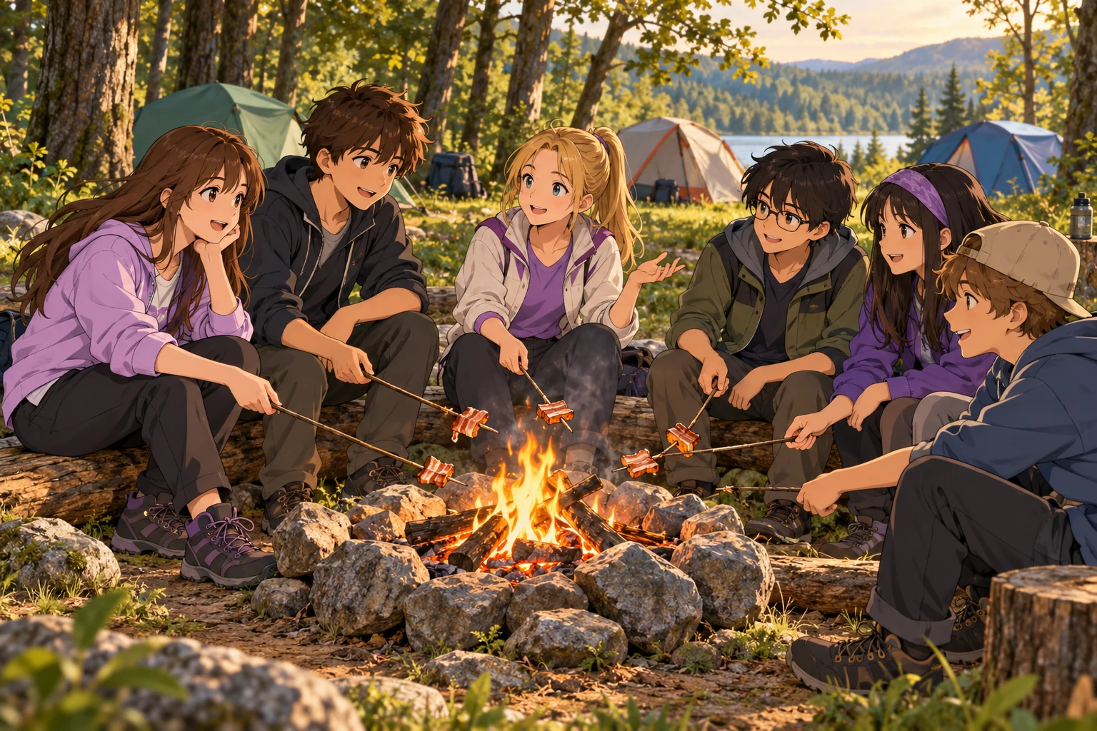 Anime diákszereplők erdei táborban szalonnát sütnek és beszélgetnek; sátraik a háttérben