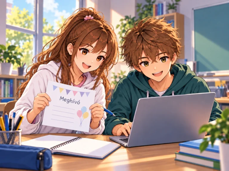 Két hatodikos anime szereplő meghívót tervez: a lány a kész meghívót mutatja, társa a laptopnál dolgozik